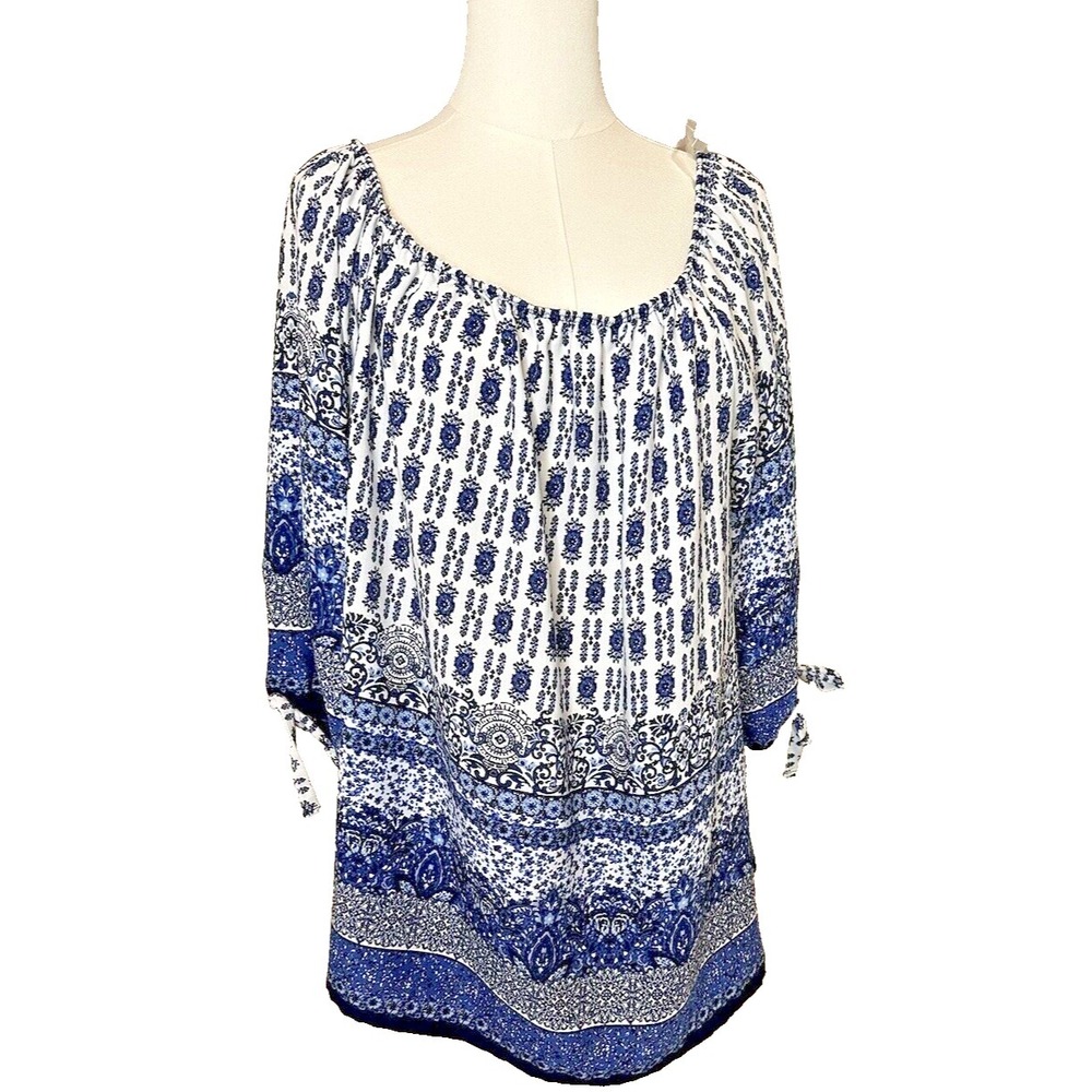 NAIF Blue & White Peasant Top Blouse - Size 3X Flowy And Roomy